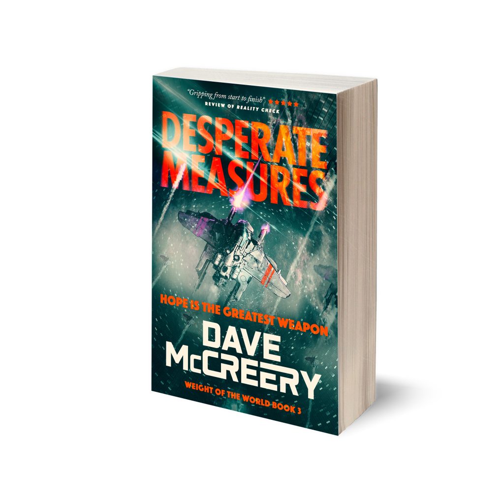 A paperback copy of Desperate Measures standing upright, angled slightly to show the page edges on the right